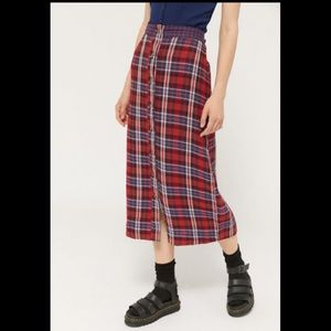UO Plaid Skirt Jo Red Blue Button Front Midi NWT